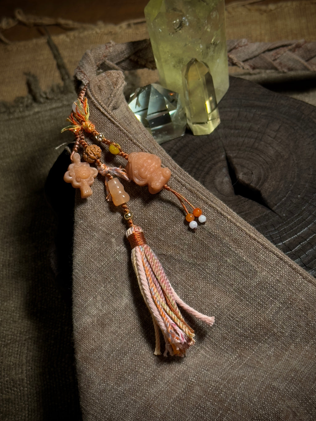 Dragon Girl & Gourd Alashan Agate Charm | Hand Knotted Gemstone Tassel Pendant