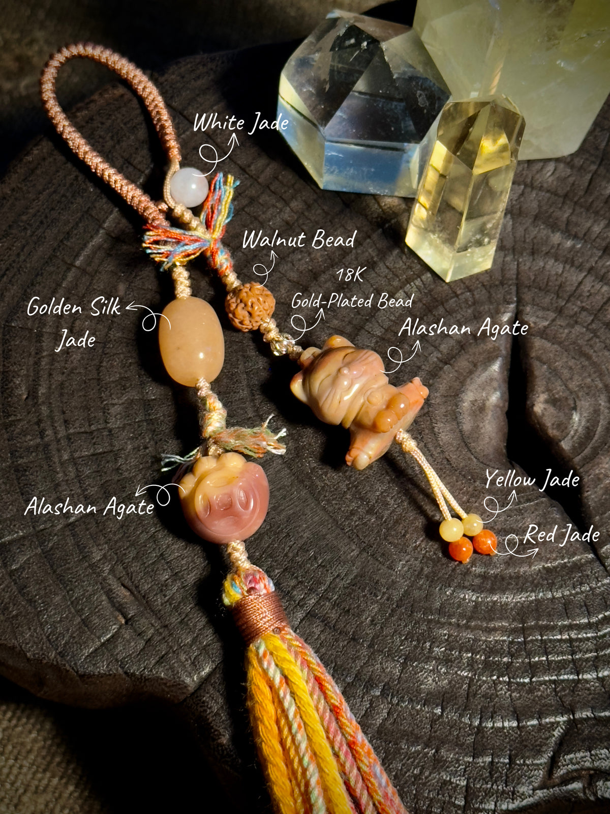 Alashan Agate Lucky Cat & Treasure Charm | Hand Knotted Tassel Pendant