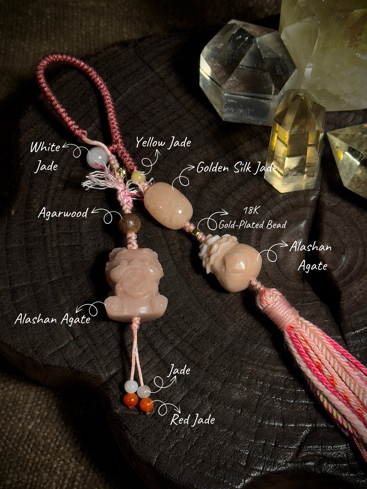 Pink Pixiu & Money Bag Lucky Charm | Hand Knotted Gemstone Tassel Pendant