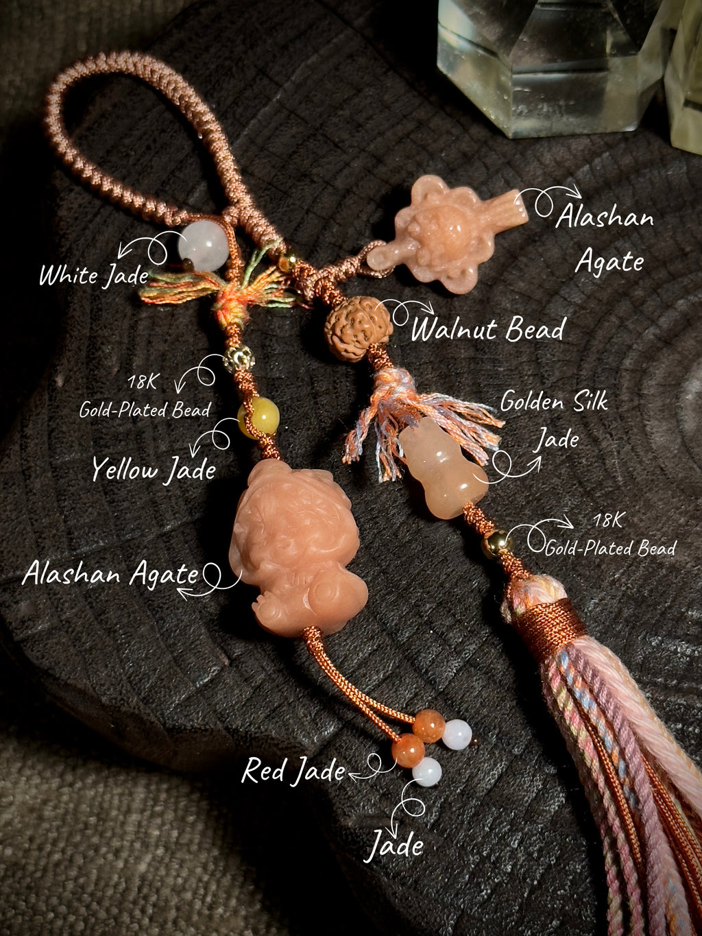 Dragon Girl & Gourd Alashan Agate Charm | Hand Knotted Gemstone Tassel Pendant