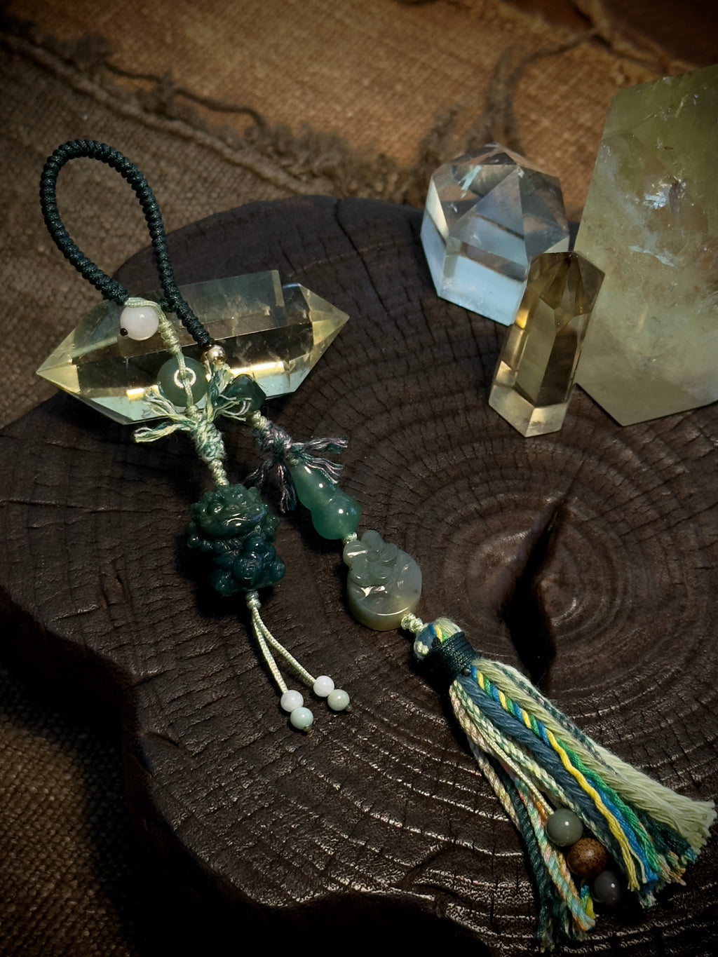 Green Stone Pixiu Bag Charm | Hand Knotted Jade Tassel Pendant