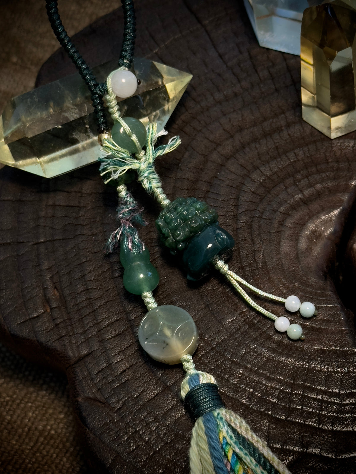 Green Stone Pixiu Bag Charm | Hand Knotted Jade Tassel Pendant