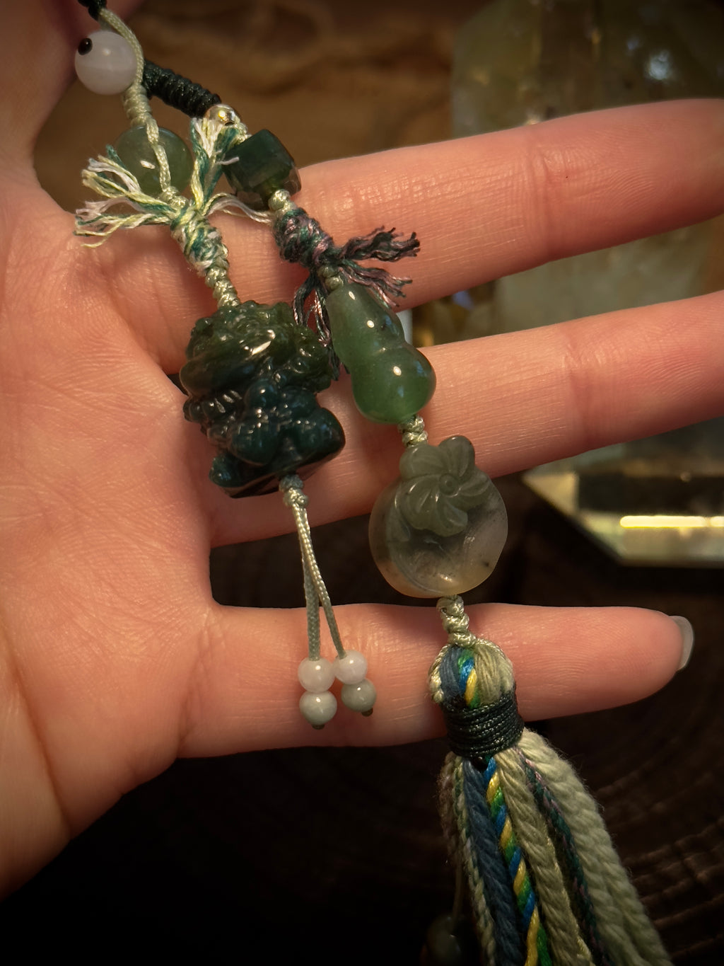 Green Stone Pixiu Bag Charm | Hand Knotted Jade Tassel Pendant
