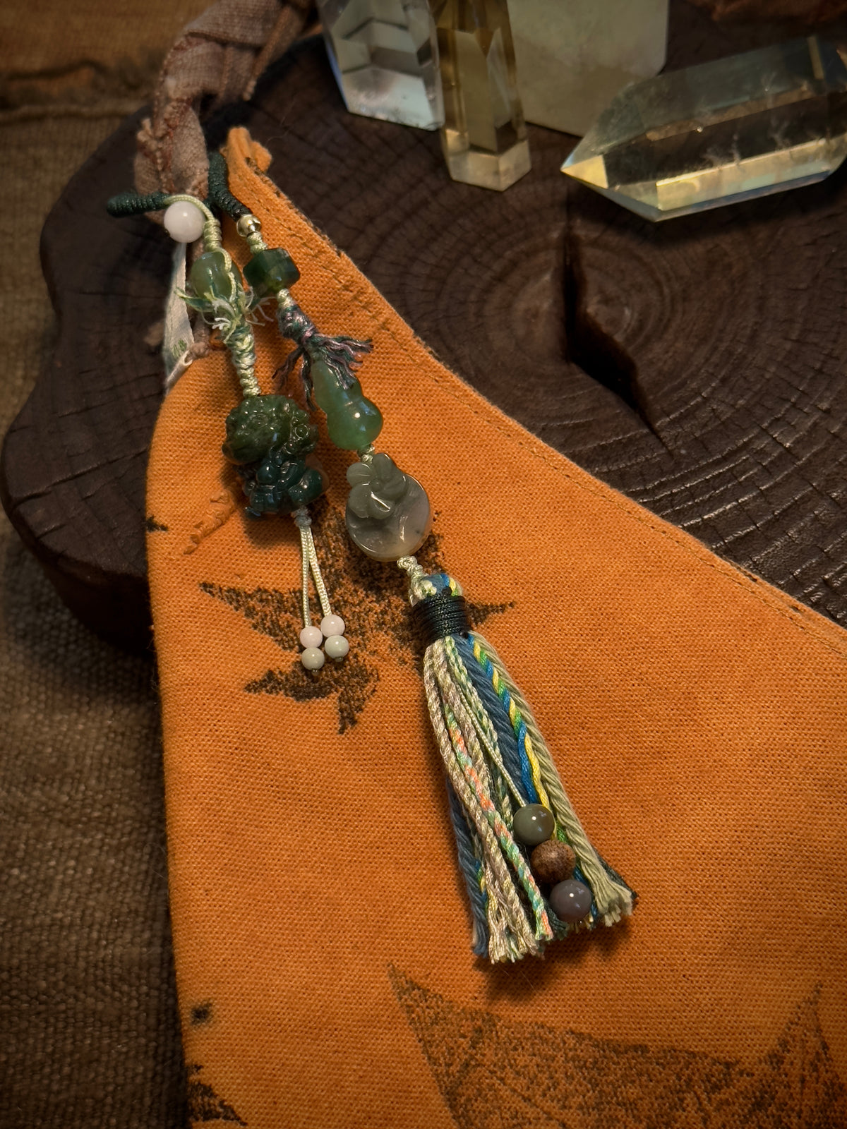 Green Stone Pixiu Bag Charm | Hand Knotted Jade Tassel Pendant