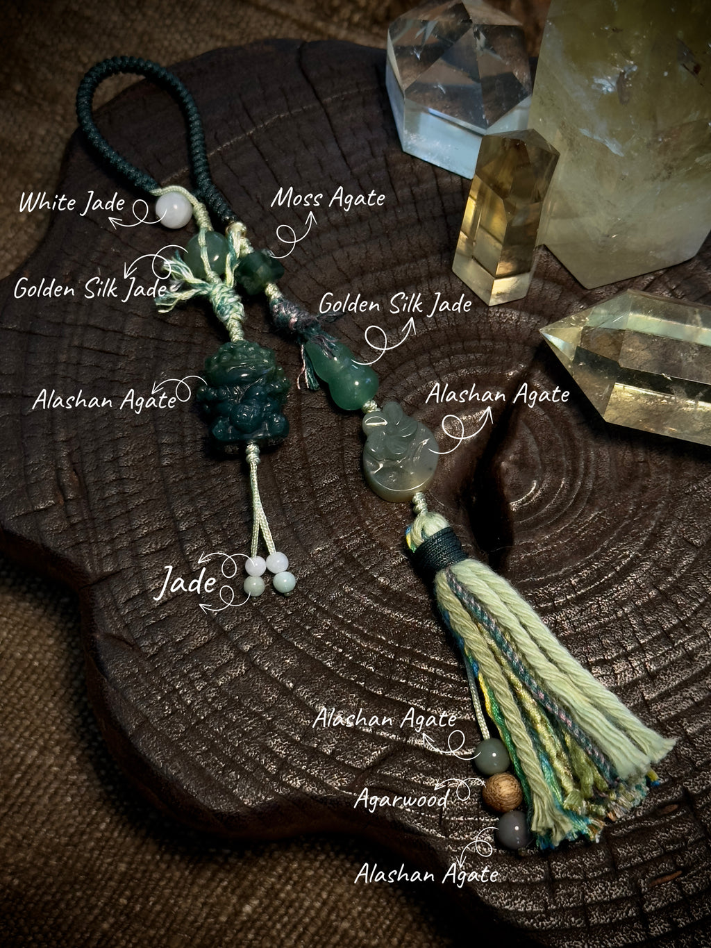 Green Stone Pixiu Bag Charm | Hand Knotted Jade Tassel Pendant