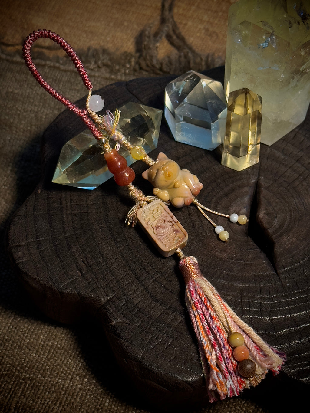 Alashan Agate Lucky Cat & Fortune Seal Bag Charm | Hand Knotted Tassel Pendant