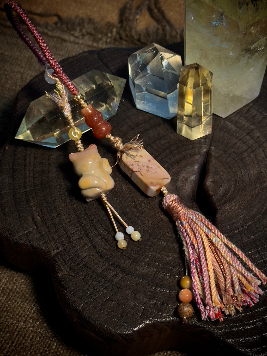 Alashan Agate Lucky Cat & Fortune Seal Bag Charm | Hand Knotted Tassel Pendant