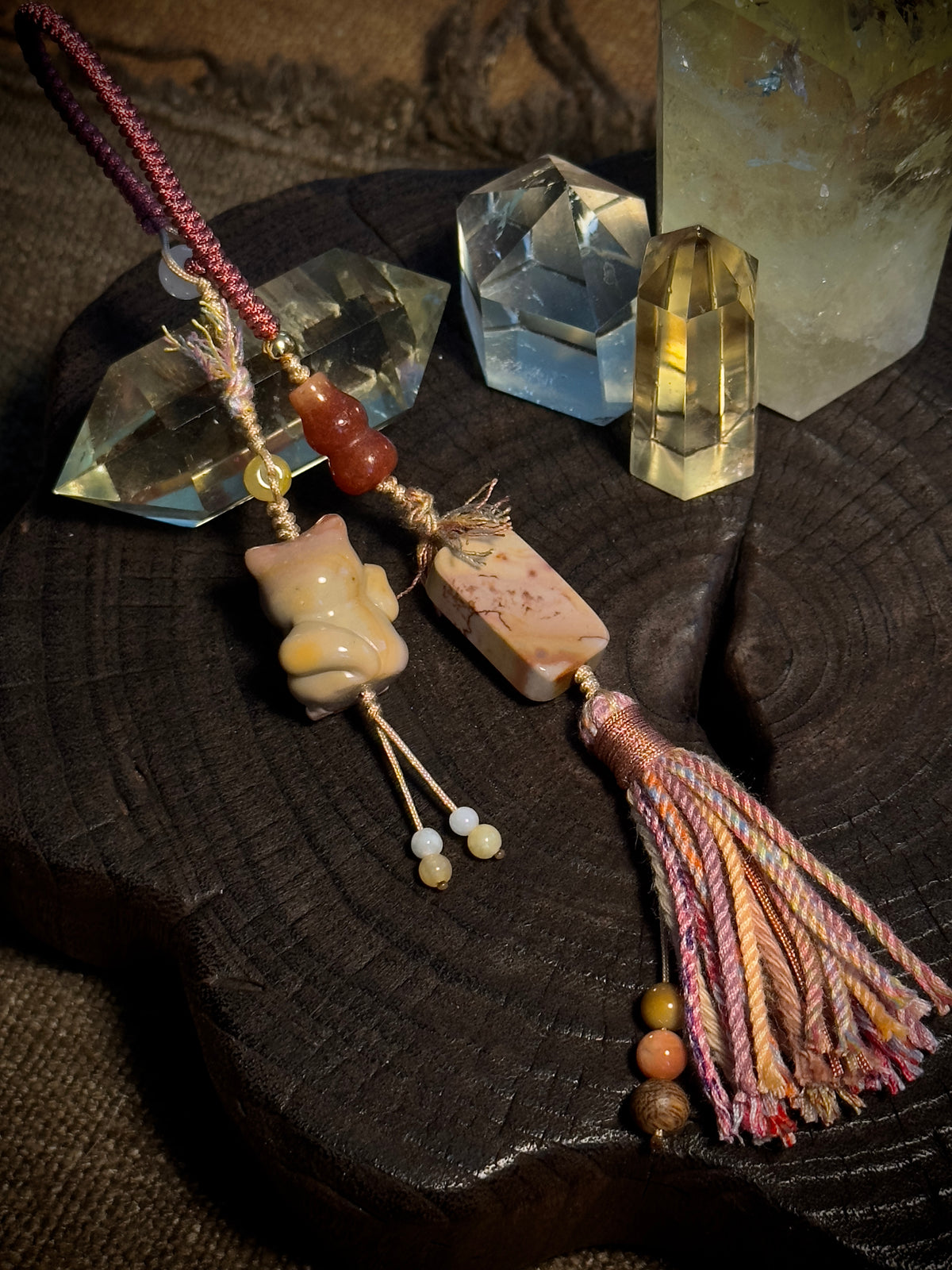 Alashan Agate Lucky Cat & Fortune Seal Bag Charm | Hand Knotted Tassel Pendant