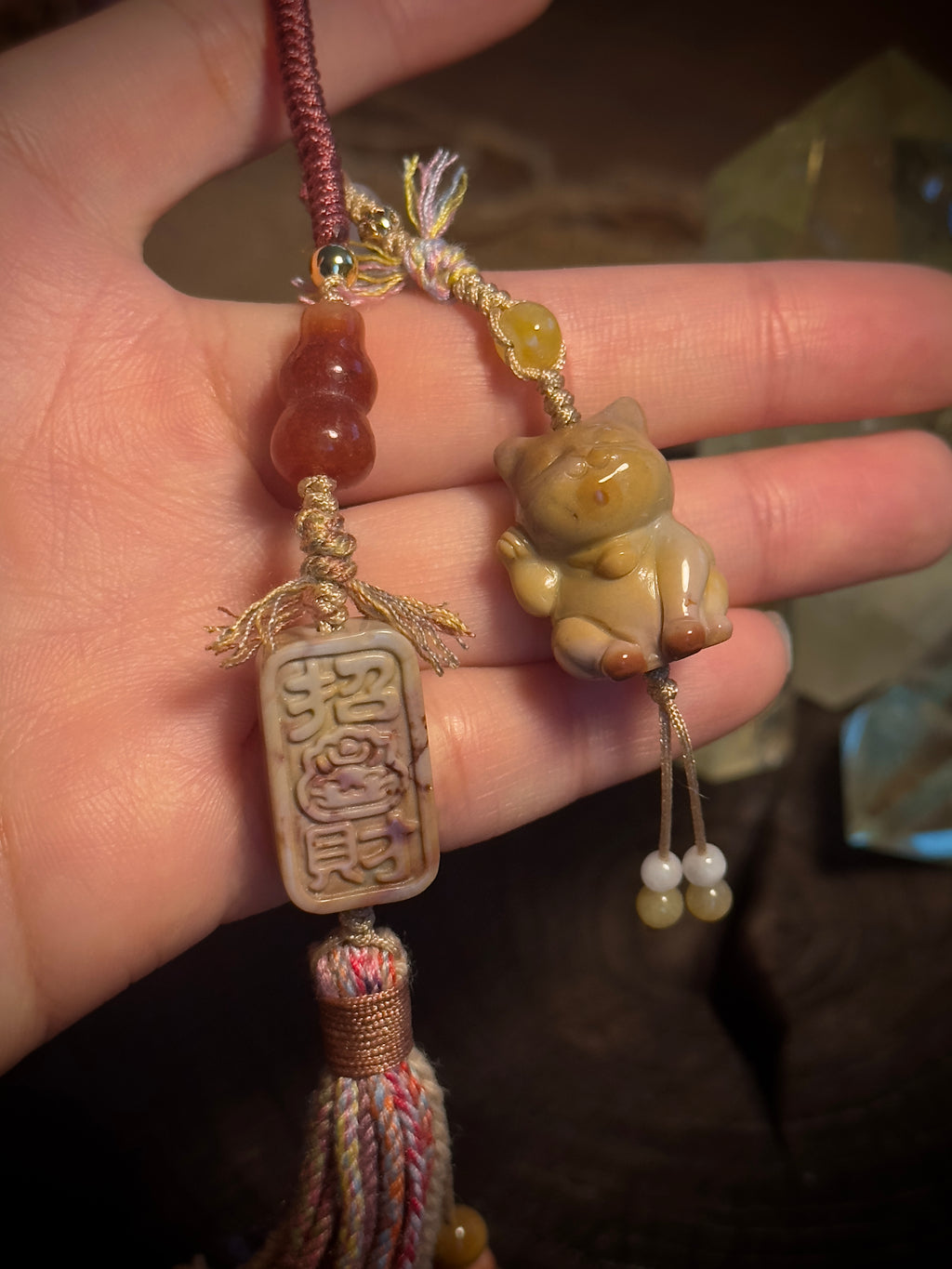 Alashan Agate Lucky Cat & Fortune Seal Bag Charm | Hand Knotted Tassel Pendant