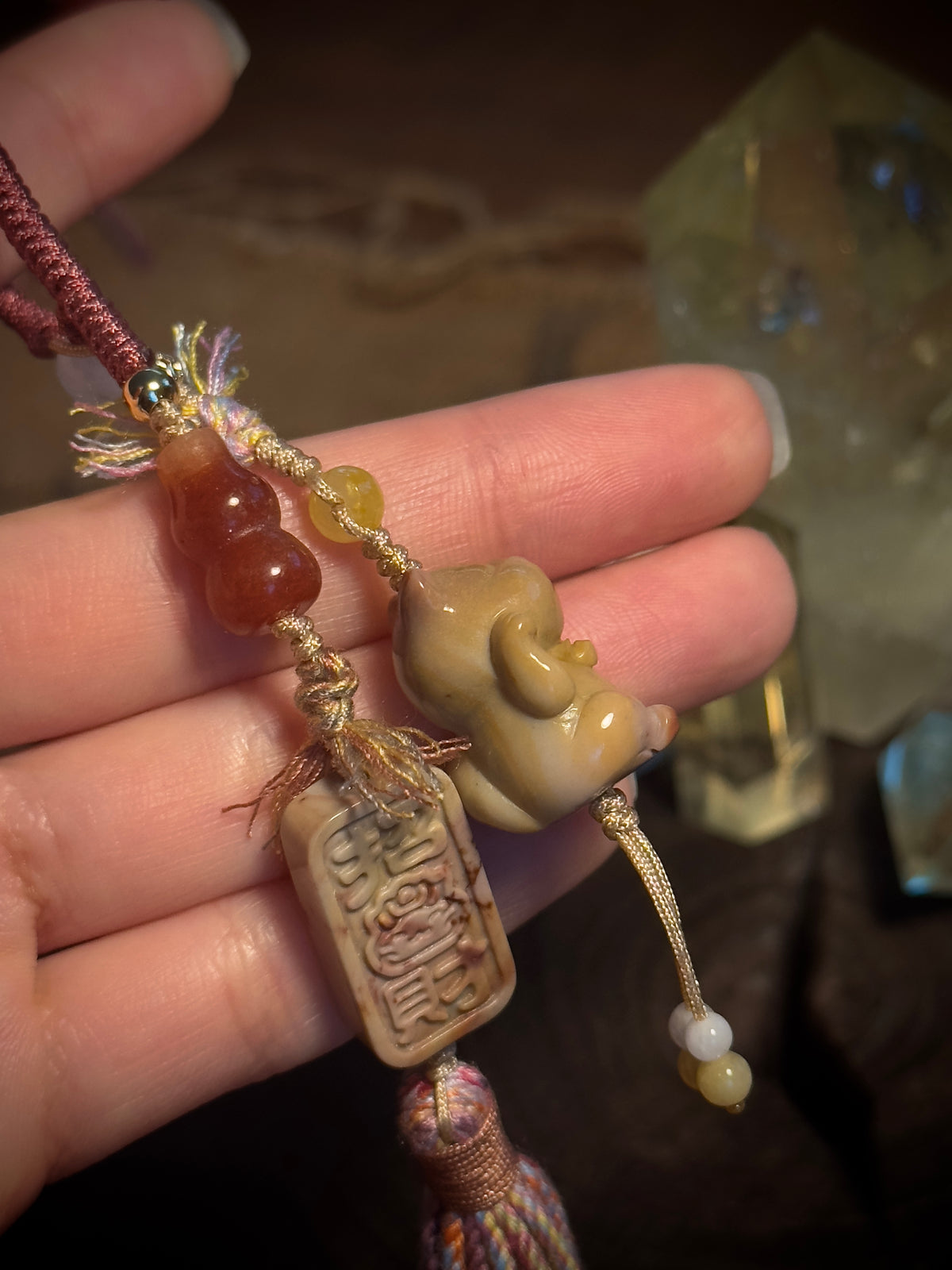 Alashan Agate Lucky Cat & Fortune Seal Bag Charm | Hand Knotted Tassel Pendant