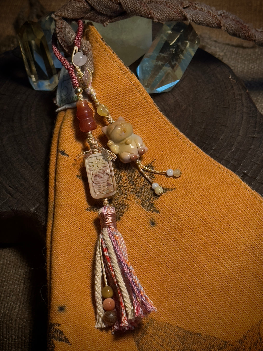 Alashan Agate Lucky Cat & Fortune Seal Bag Charm | Hand Knotted Tassel Pendant