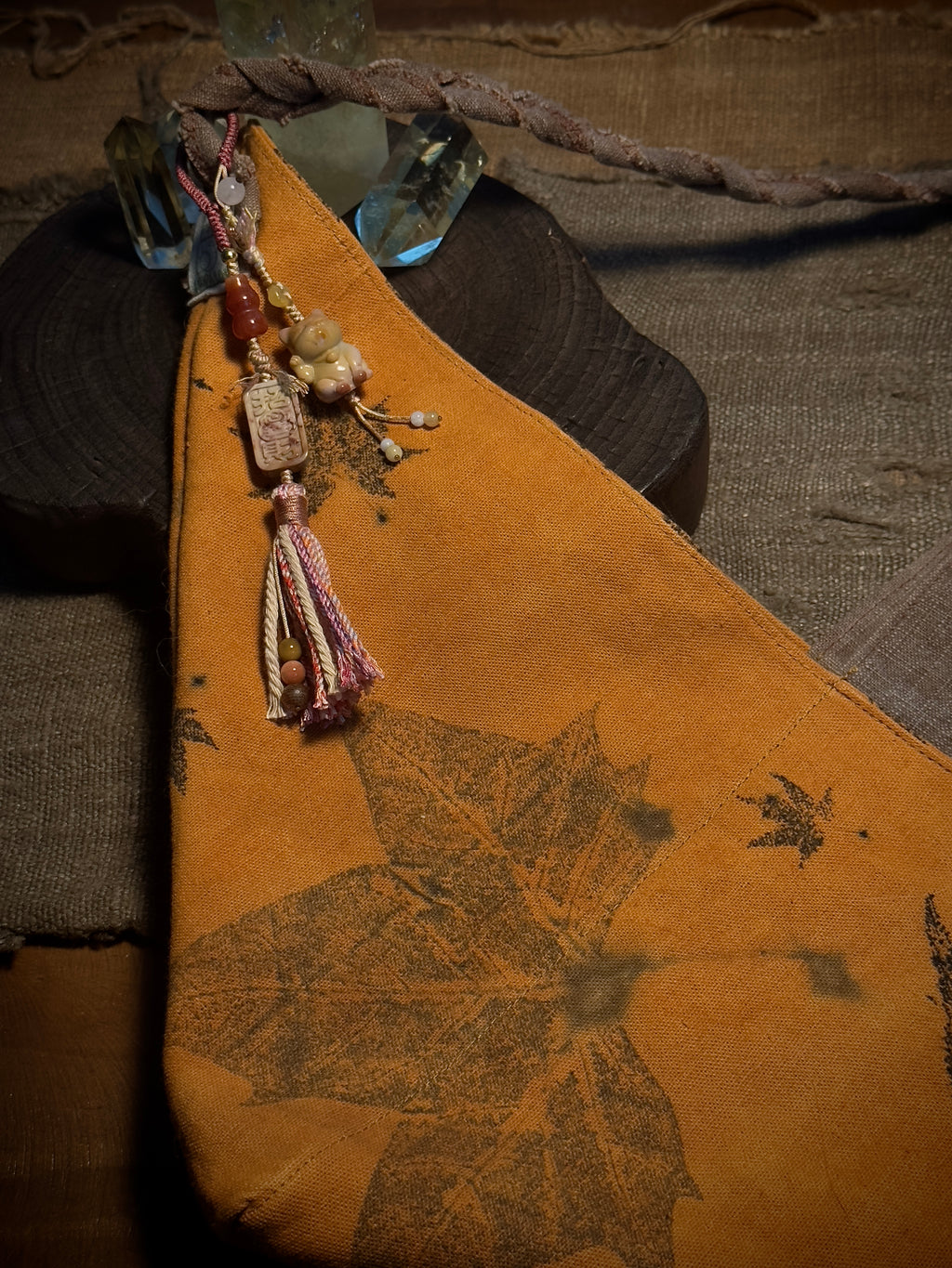 Alashan Agate Lucky Cat & Fortune Seal Bag Charm | Hand Knotted Tassel Pendant