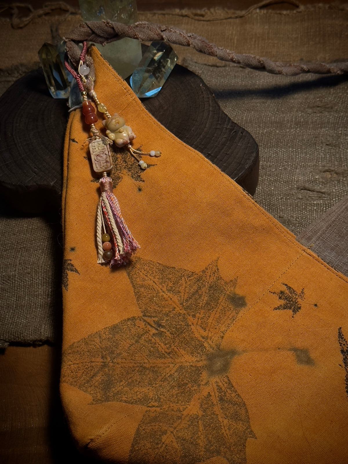 Alashan Agate Lucky Cat & Fortune Seal Bag Charm | Hand Knotted Tassel Pendant