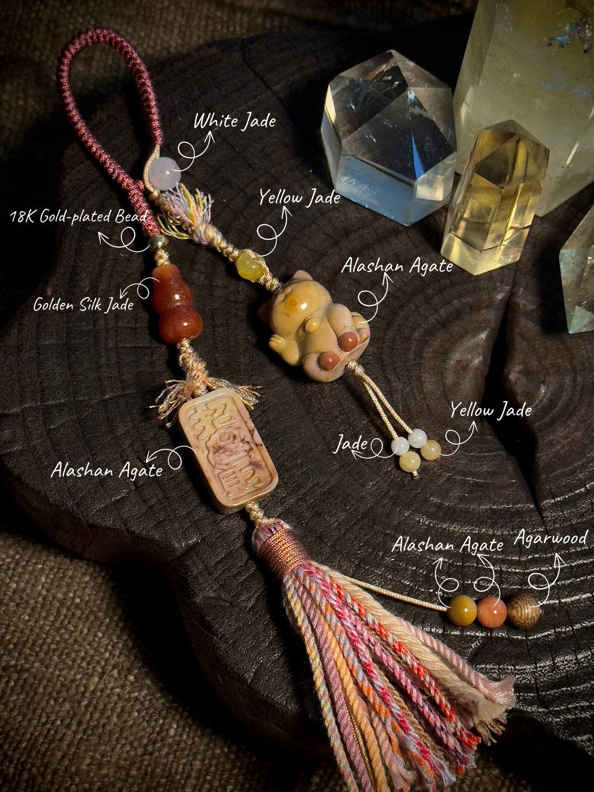 Alashan Agate Lucky Cat & Fortune Seal Bag Charm | Hand Knotted Tassel Pendant