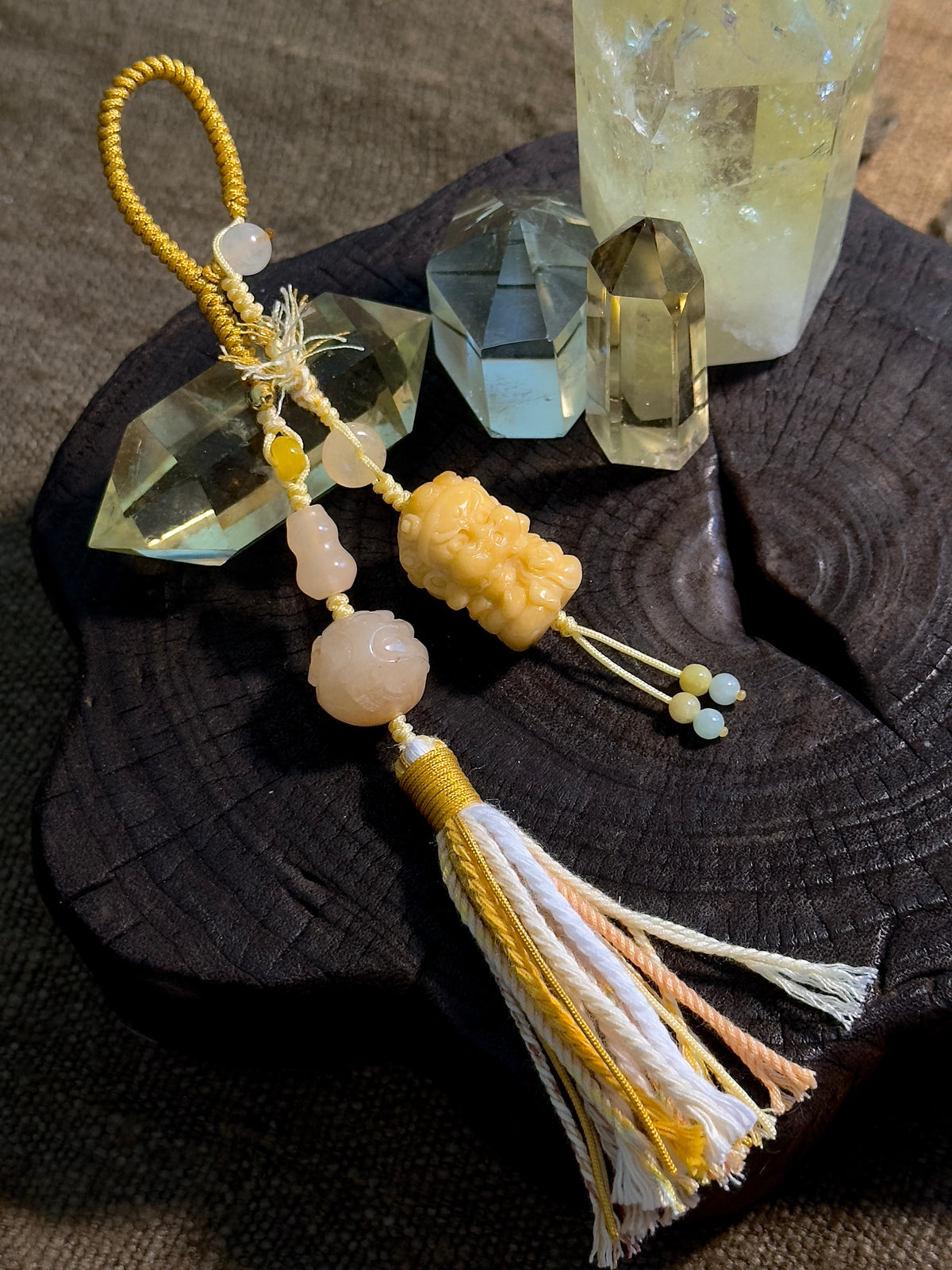 Burmese Yellow Jade Zhong Kui Bag Charm | Hand Knotted Jade Tassel Pendant