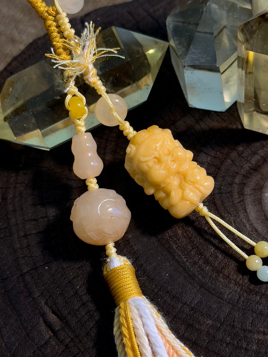 Burmese Yellow Jade Zhong Kui Bag Charm | Hand Knotted Jade Tassel Pendant