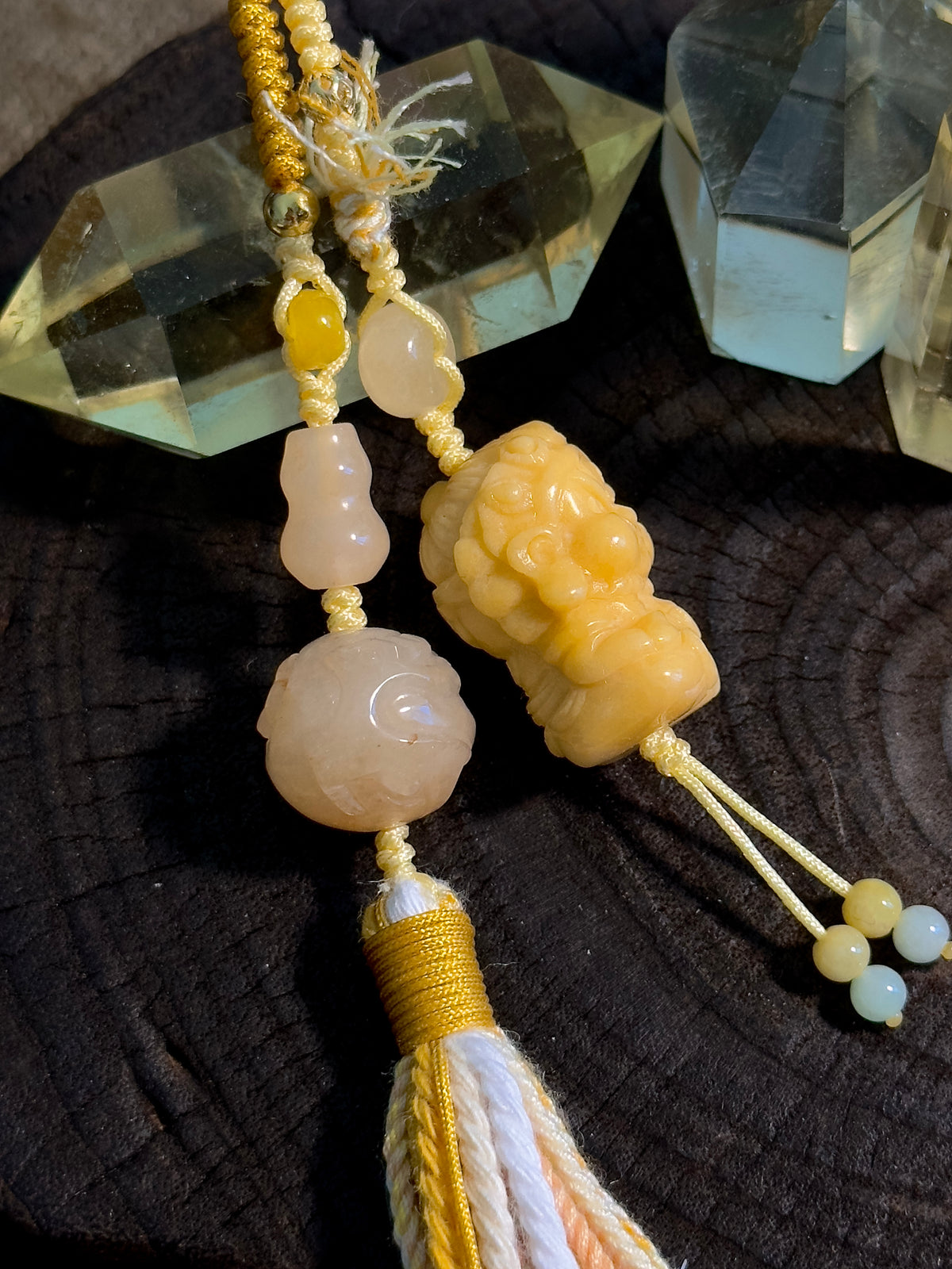 Burmese Yellow Jade Zhong Kui Bag Charm | Hand Knotted Jade Tassel Pendant