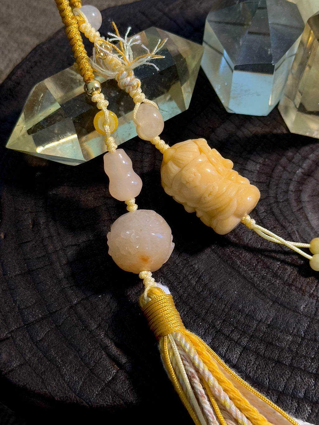 Burmese Yellow Jade Zhong Kui Bag Charm | Hand Knotted Jade Tassel Pendant