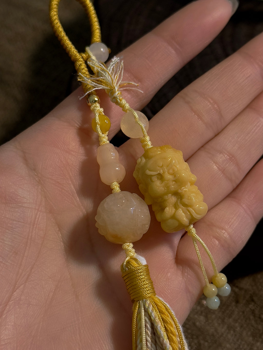 Burmese Yellow Jade Zhong Kui Bag Charm | Hand Knotted Jade Tassel Pendant