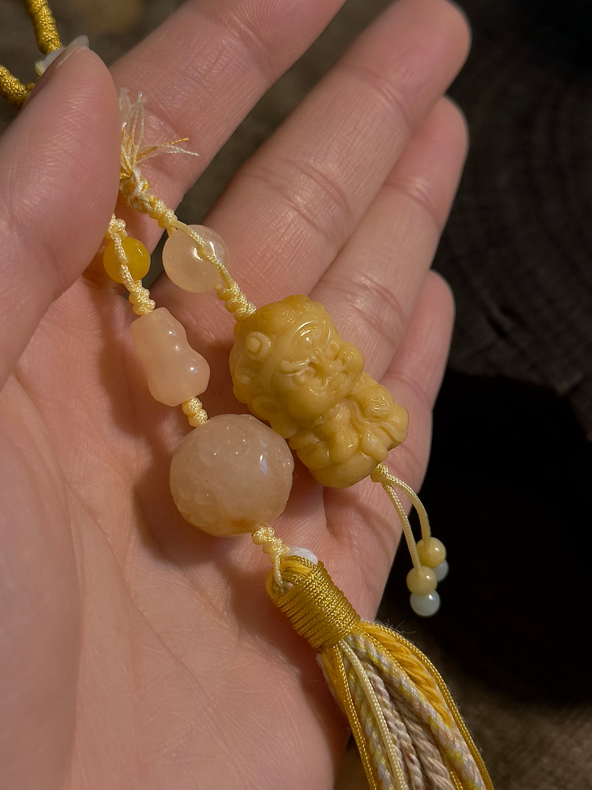 Burmese Yellow Jade Zhong Kui Bag Charm | Hand Knotted Jade Tassel Pendant