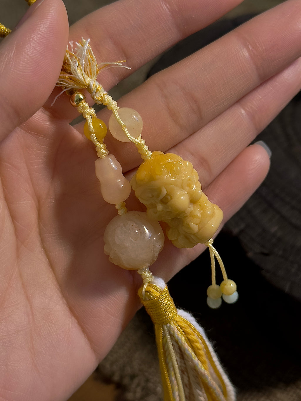 Burmese Yellow Jade Zhong Kui Bag Charm | Hand Knotted Jade Tassel Pendant
