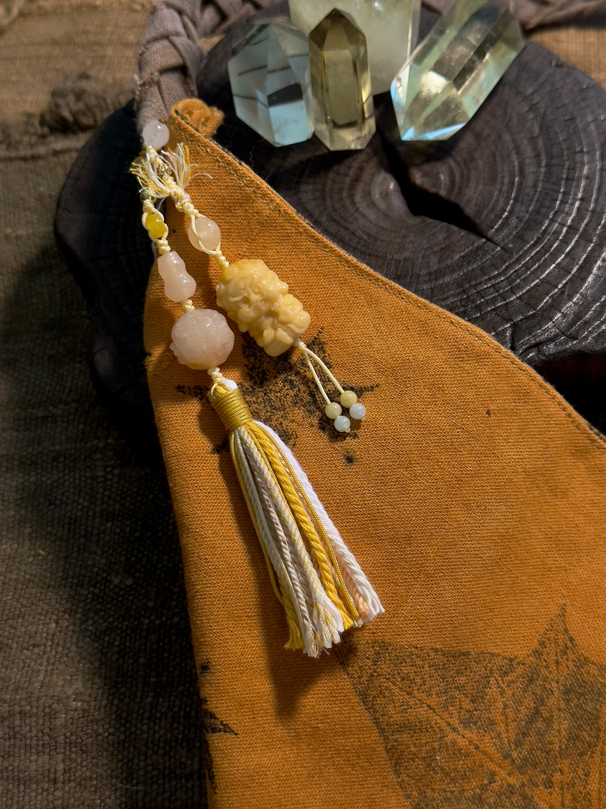 Burmese Yellow Jade Zhong Kui Bag Charm | Hand Knotted Jade Tassel Pendant