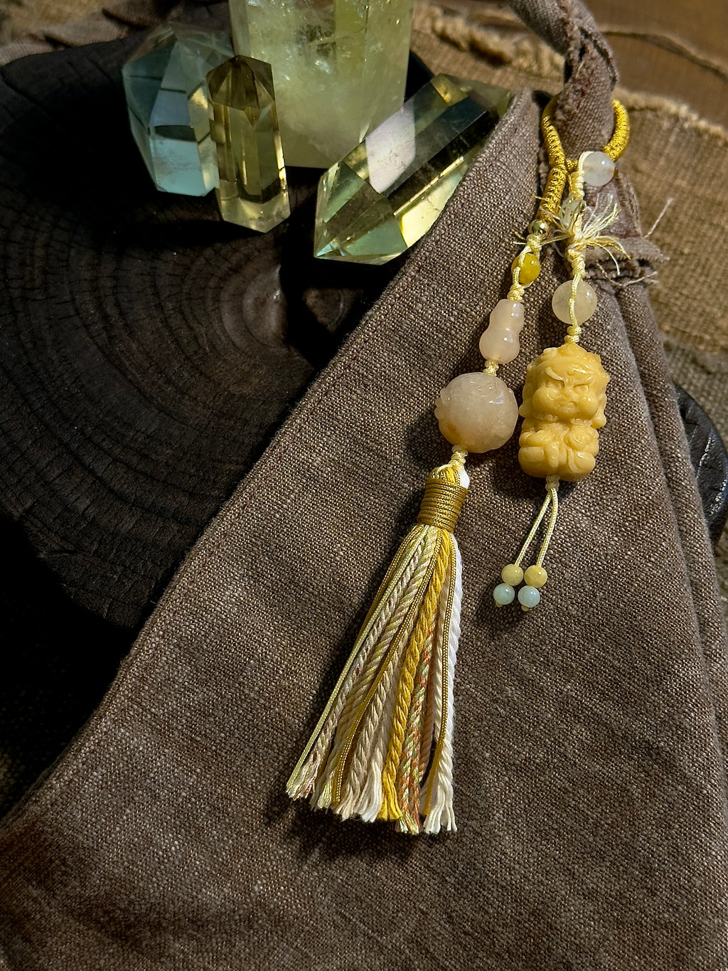 Burmese Yellow Jade Zhong Kui Bag Charm | Hand Knotted Jade Tassel Pendant