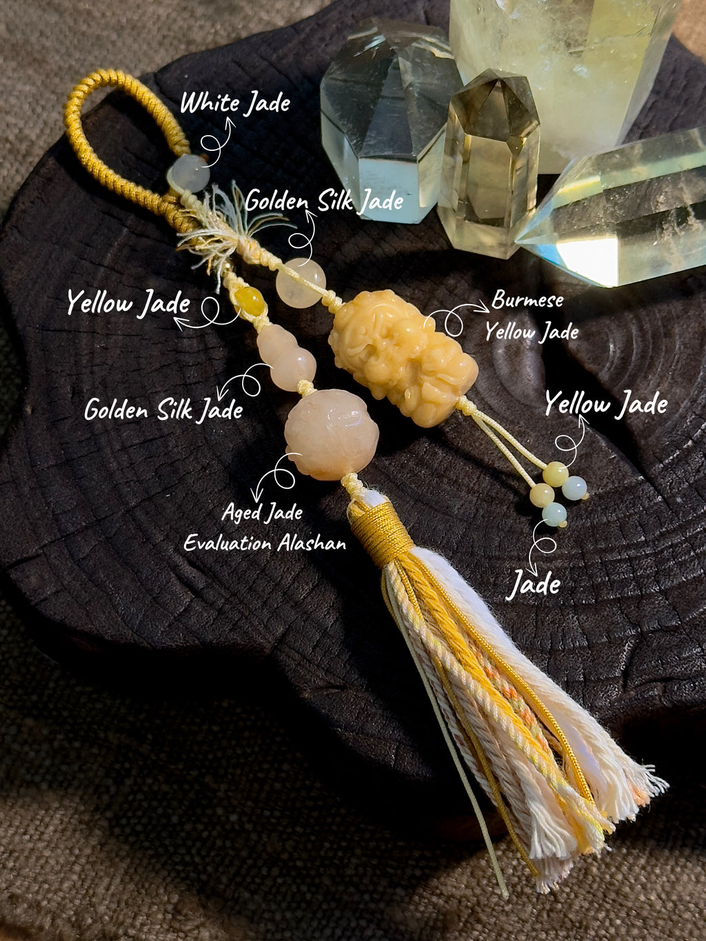 Burmese Yellow Jade Zhong Kui Bag Charm | Hand Knotted Jade Tassel Pendant