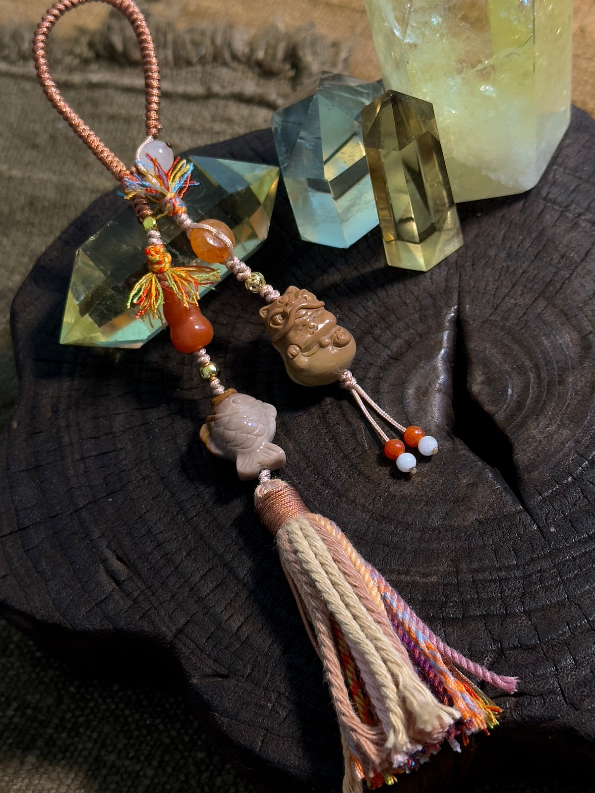 Alashan Agate Lion Cat & Fish Bag Charm | Hand Knotted Tassel Pendant