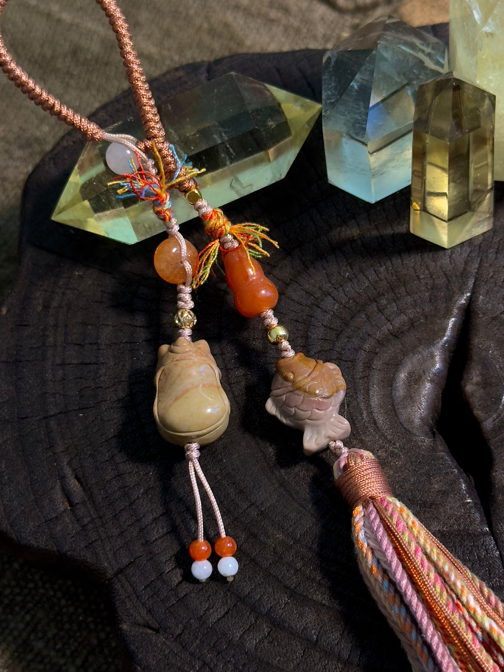Alashan Agate Lion Cat & Fish Bag Charm | Hand Knotted Tassel Pendant