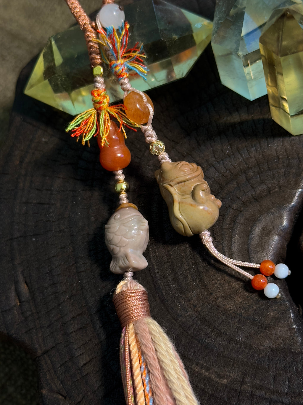 Alashan Agate Lion Cat & Fish Bag Charm | Hand Knotted Tassel Pendant