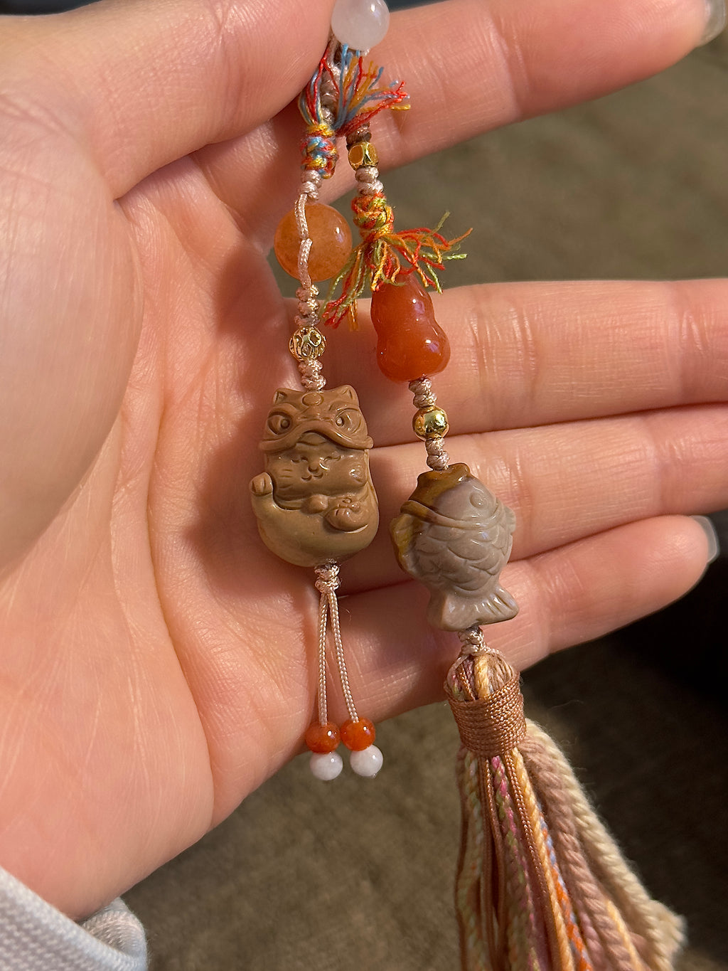 Alashan Agate Lion Cat & Fish Bag Charm | Hand Knotted Tassel Pendant