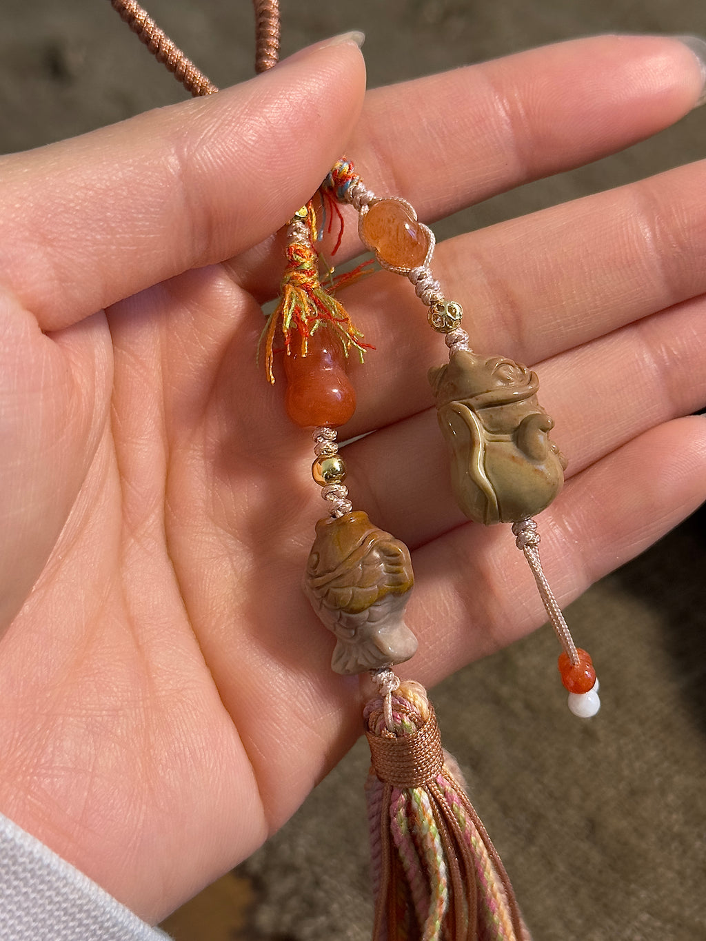 Alashan Agate Lion Cat & Fish Bag Charm | Hand Knotted Tassel Pendant