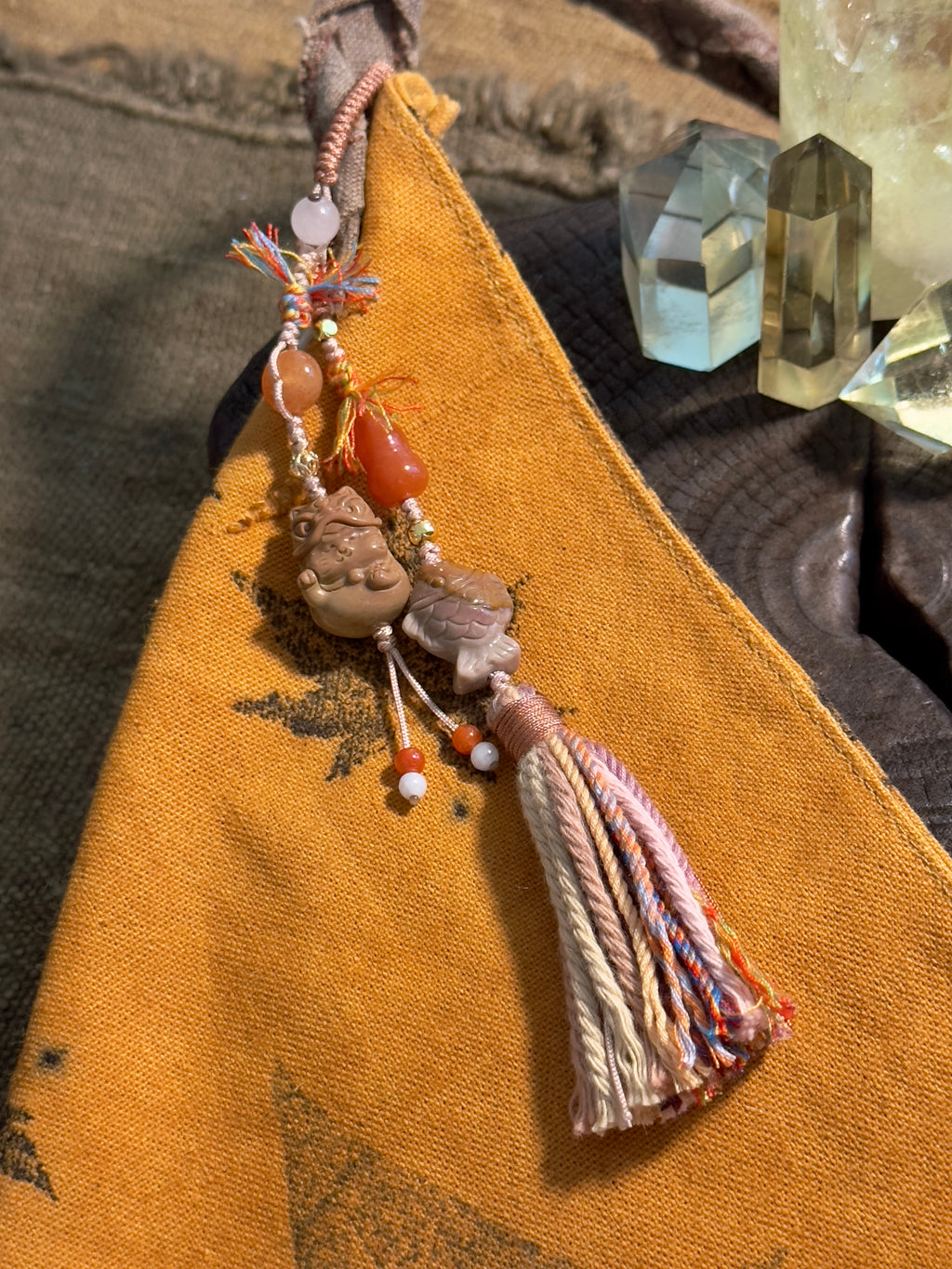 Alashan Agate Lion Cat & Fish Bag Charm | Hand Knotted Tassel Pendant