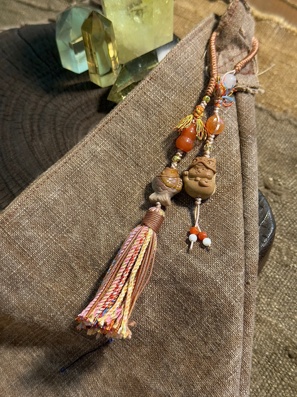 Alashan Agate Lion Cat & Fish Bag Charm | Hand Knotted Tassel Pendant