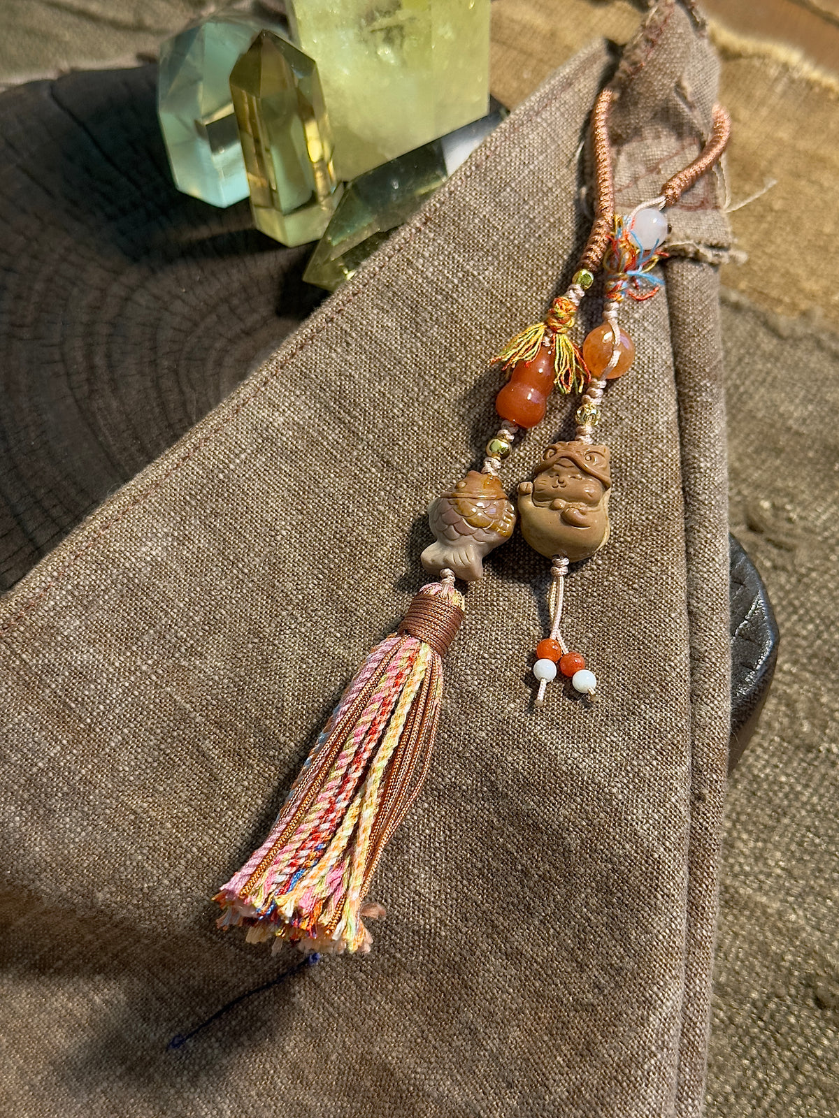 Alashan Agate Lion Cat & Fish Bag Charm | Hand Knotted Tassel Pendant