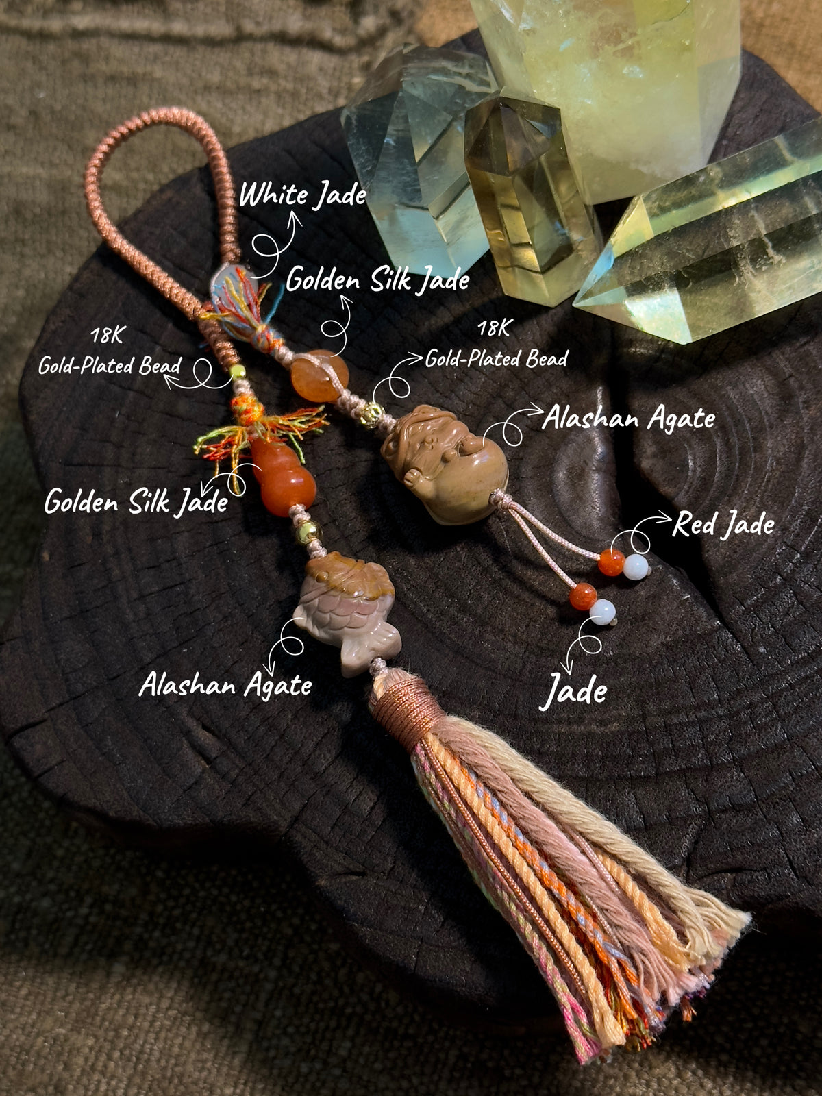 Alashan Agate Lion Cat & Fish Bag Charm | Hand Knotted Tassel Pendant