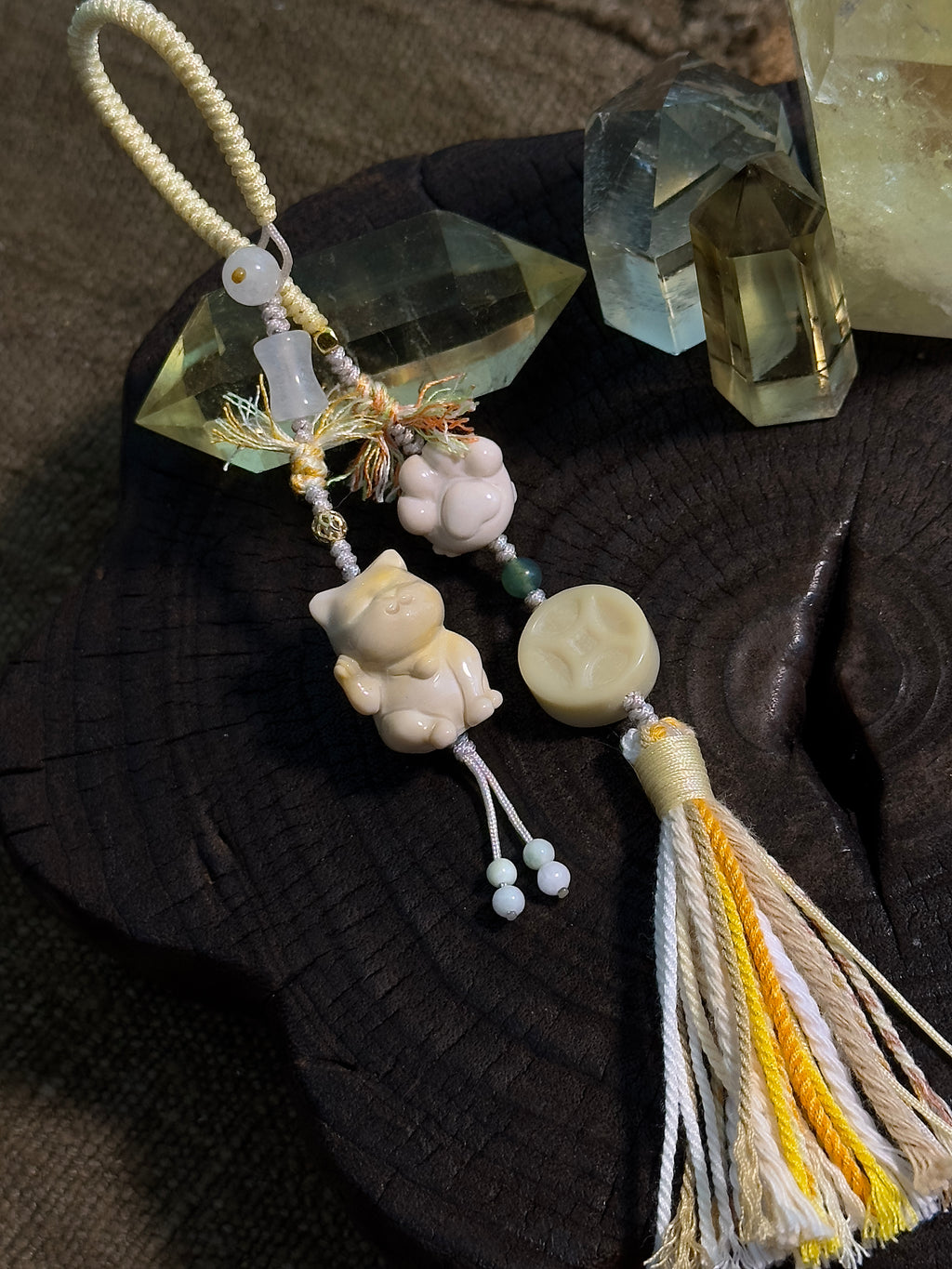 Lucky Cat & Fu Character Bag Charm | Hand Knotted Jade Tassel Pendant