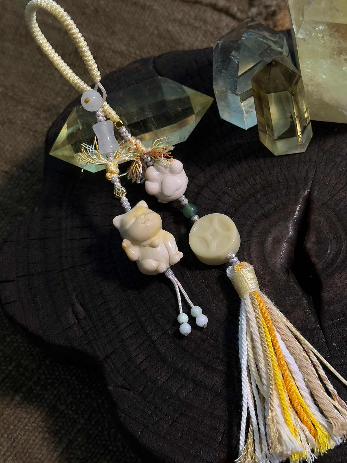 Lucky Cat & Fu Character Bag Charm | Hand Knotted Jade Tassel Pendant