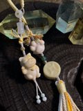 Lucky Cat & Fu Character Bag Charm | Hand Knotted Jade Tassel Pendant