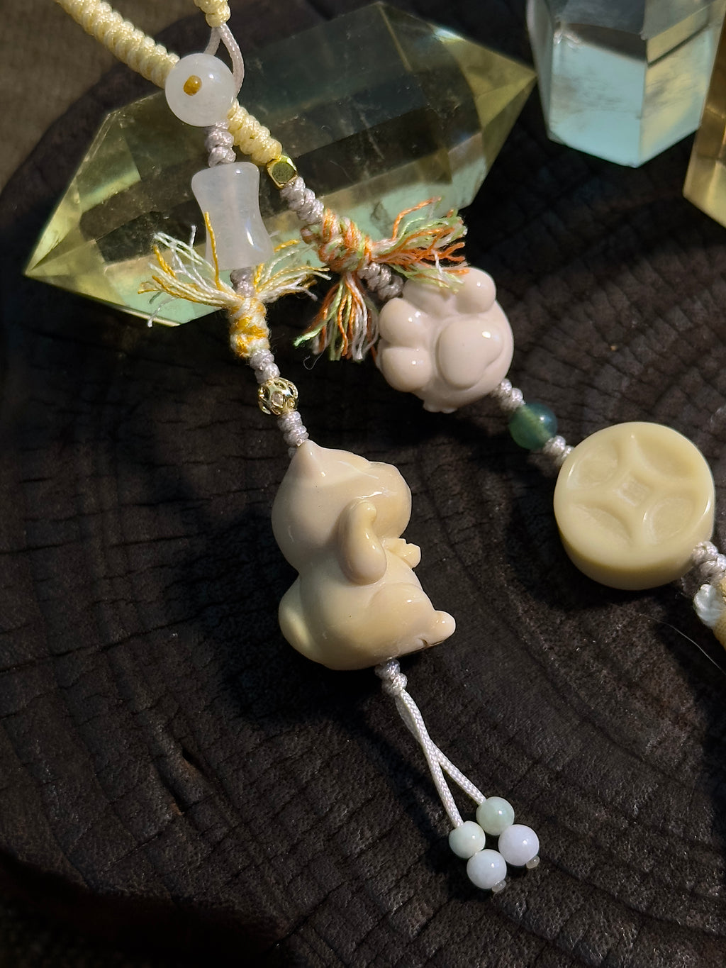 Lucky Cat & Fu Character Bag Charm | Hand Knotted Jade Tassel Pendant