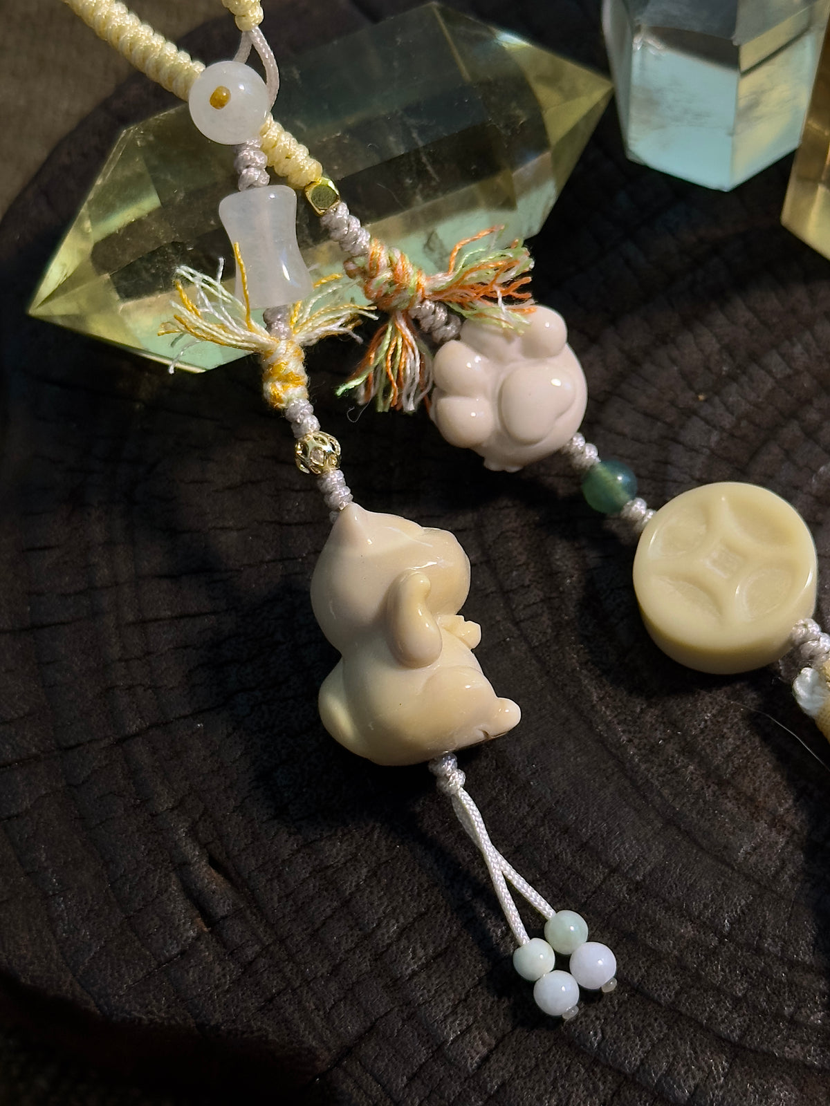 Lucky Cat & Fu Character Bag Charm | Hand Knotted Jade Tassel Pendant