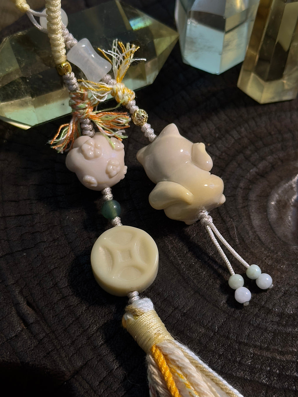 Lucky Cat & Fu Character Bag Charm | Hand Knotted Jade Tassel Pendant