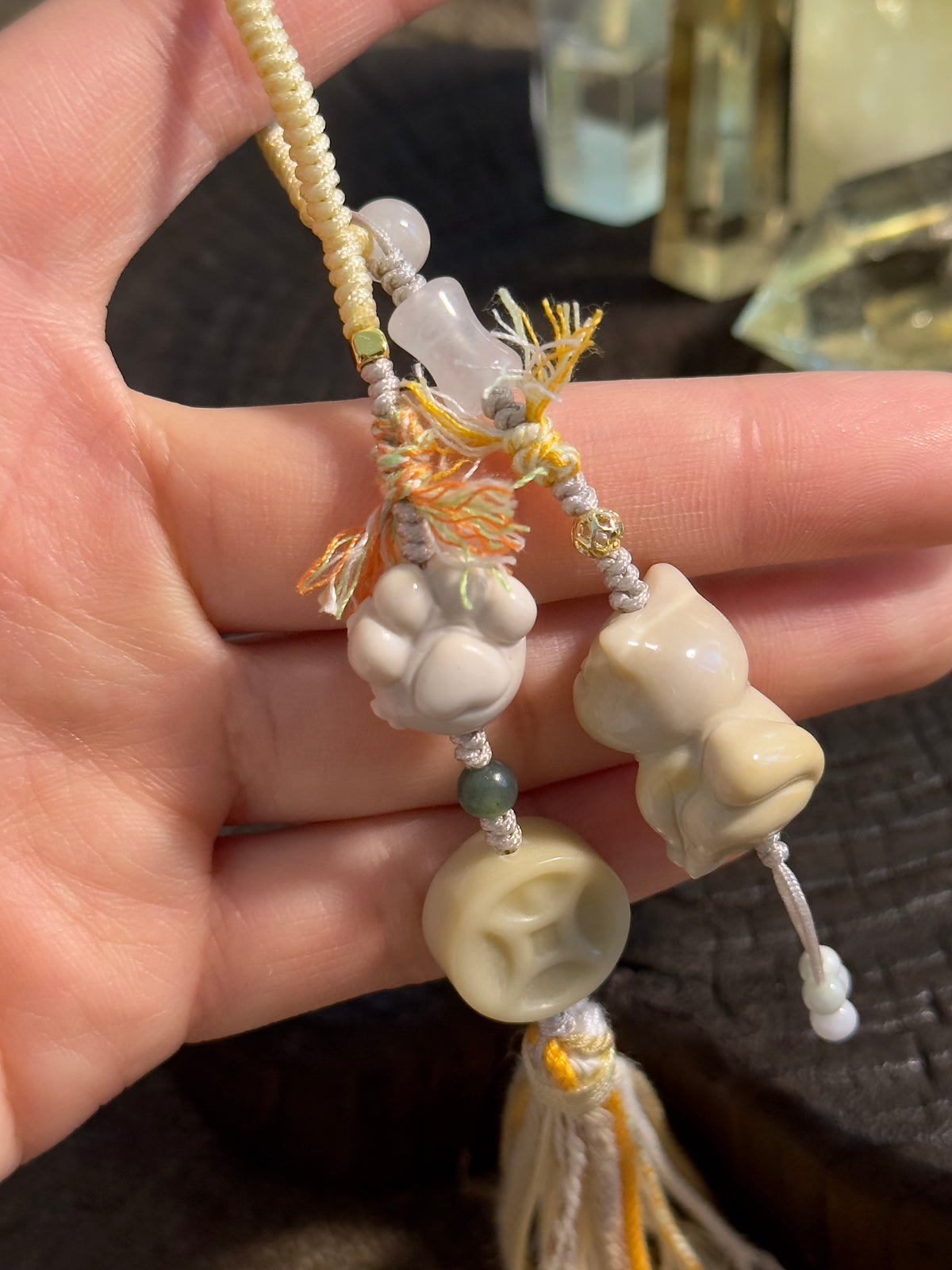 Lucky Cat & Fu Character Bag Charm | Hand Knotted Jade Tassel Pendant