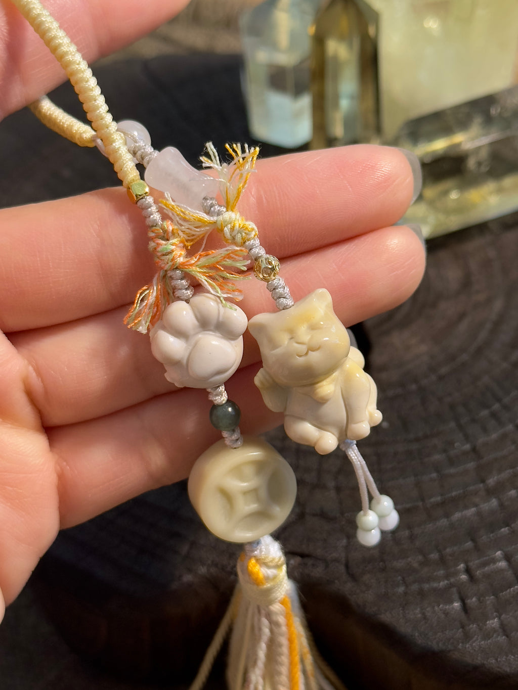 Lucky Cat & Fu Character Bag Charm | Hand Knotted Jade Tassel Pendant