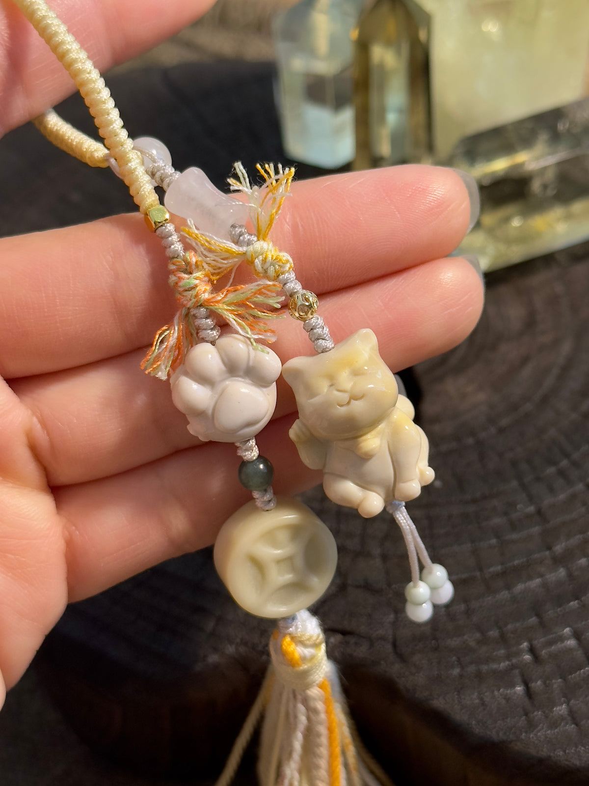 Lucky Cat & Fu Character Bag Charm | Hand Knotted Jade Tassel Pendant