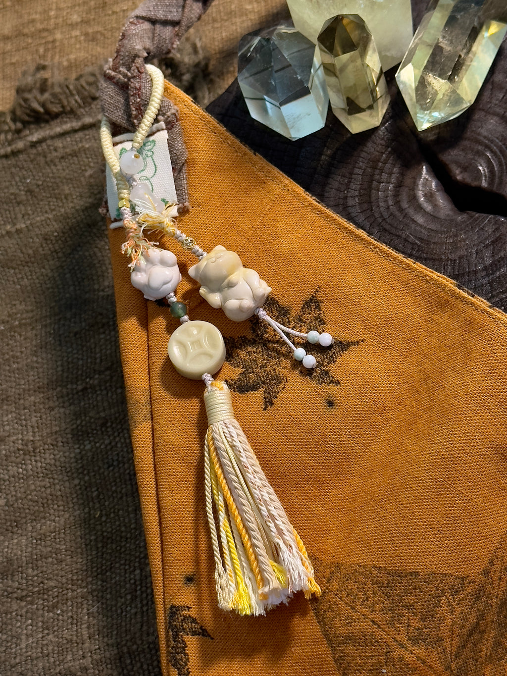 Lucky Cat & Fu Character Bag Charm | Hand Knotted Jade Tassel Pendant