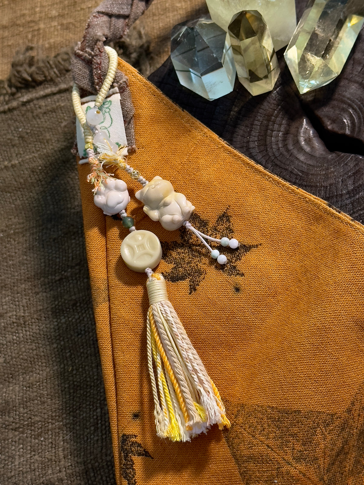 Lucky Cat & Fu Character Bag Charm | Hand Knotted Jade Tassel Pendant