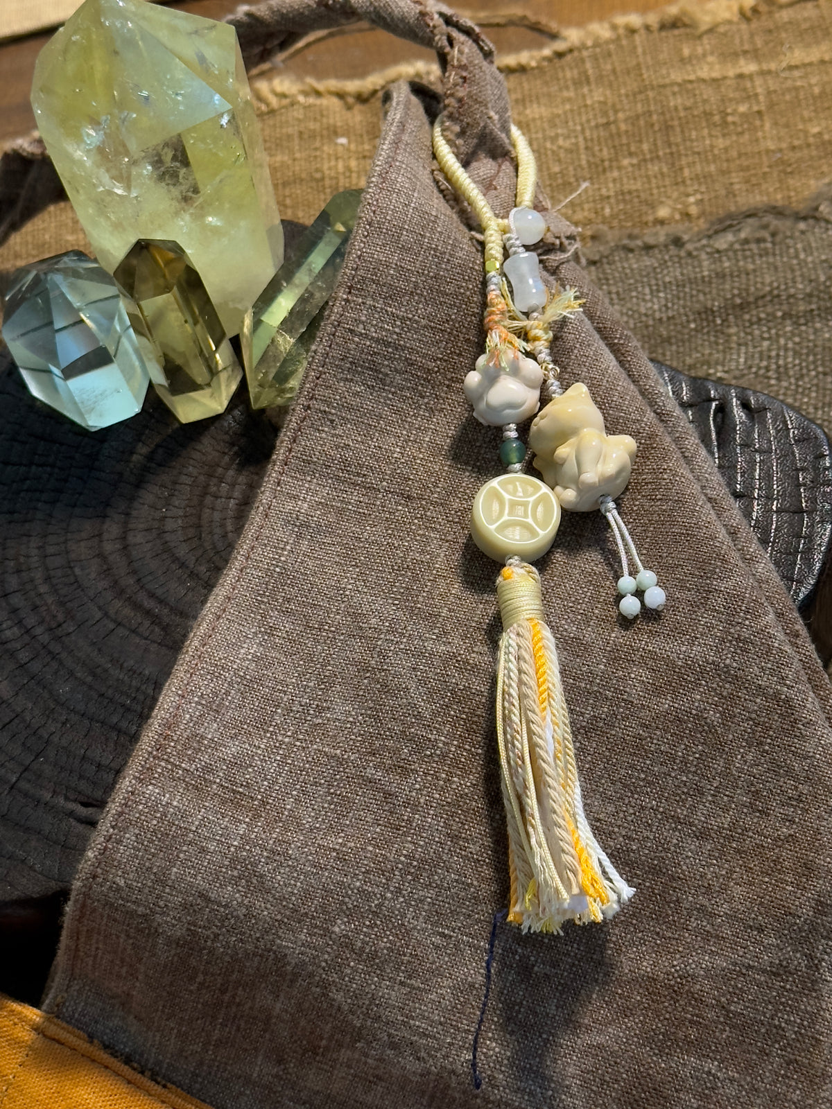 Lucky Cat & Fu Character Bag Charm | Hand Knotted Jade Tassel Pendant