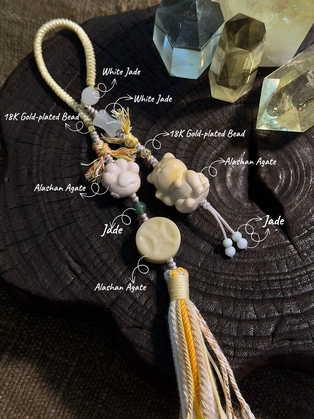 Lucky Cat & Fu Character Bag Charm | Hand Knotted Jade Tassel Pendant